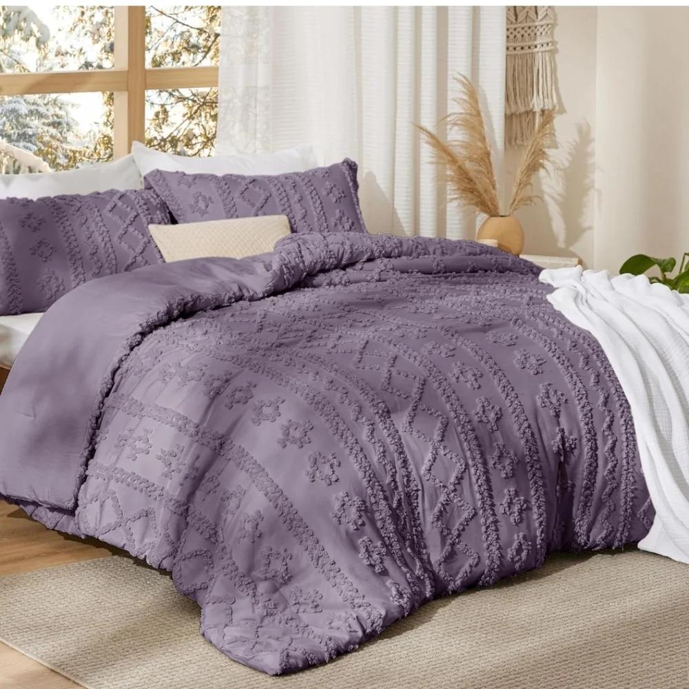 Bedsure Tufted Boho Comforter Set Twin Size - Grayish Purple Boho All Season